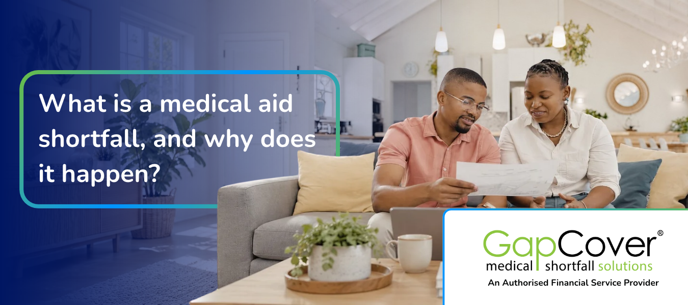 A couple on their sofa going through a medical account together, next to the title: What is a medical aid shortfall, and why does it happen?